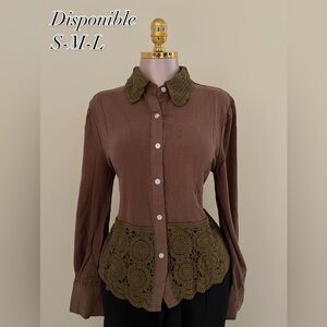 Brown and Olive Lace Accent Women's Top